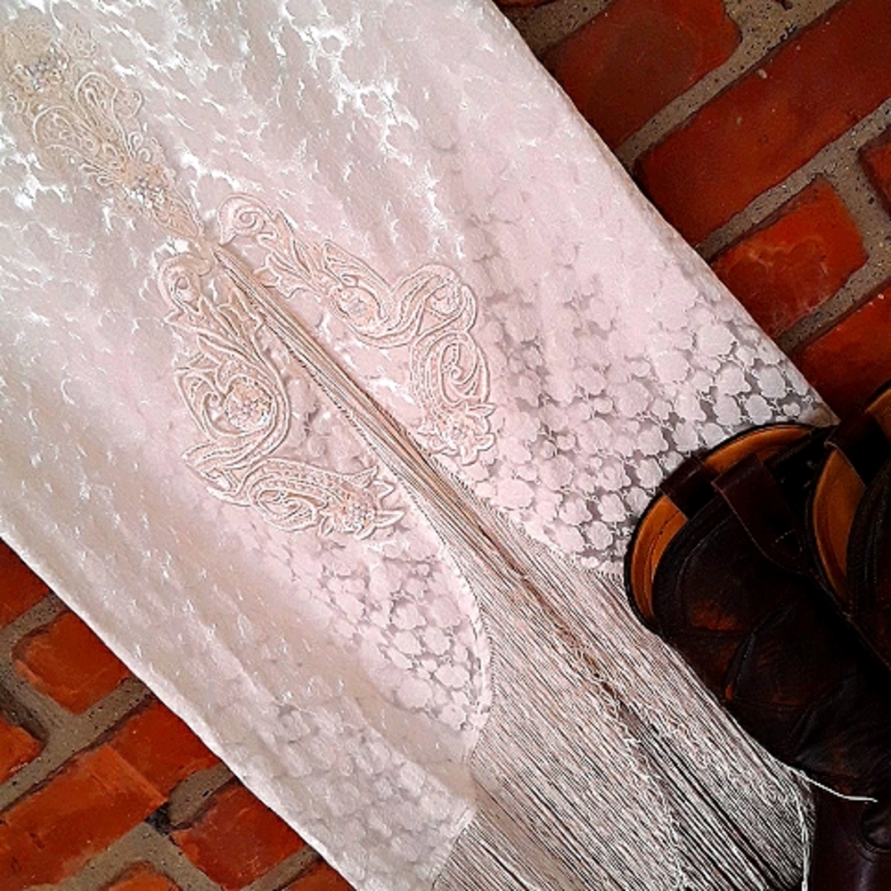 Vintage off white lace, fringe, and sequined skirt